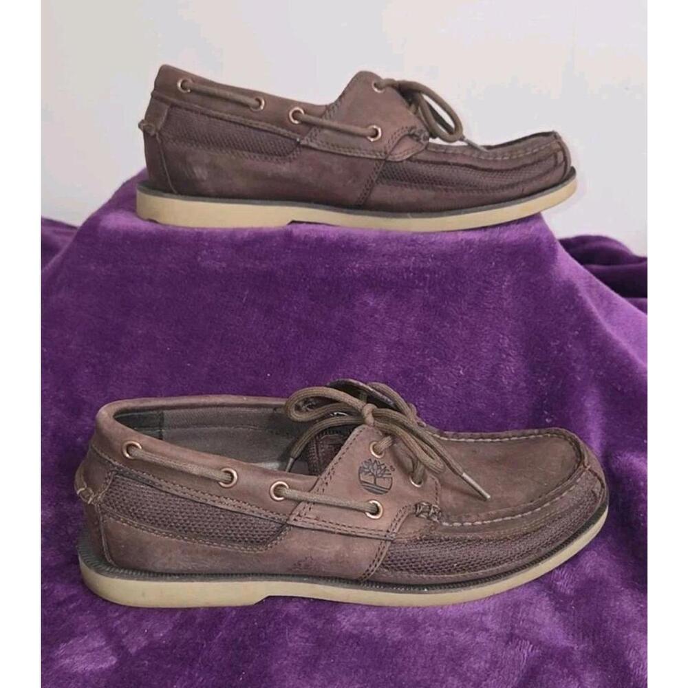 Timberland Mens Kia Wah Bay Boat Shoes Brown Leather Lace Up Moc Toe Sz 8.5